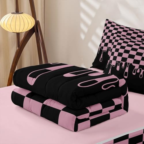 Image of Black Pink Checkered Zipper Bedding 4 Piece Comforter Set - Full Size Zip Up Comforter with Fitted Sheet & 2 Pillowcases,Checkerboard Drip Indie Aesthetic Funky Geometric Bed in a Bag for Kids