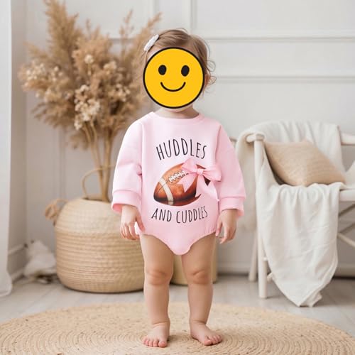 Sasaerucure Newborn Infant Baby Girl Game Day Outfit Huddles and Cuddles Football Baby Long Sleeve Romper Pink Bow Onesie2