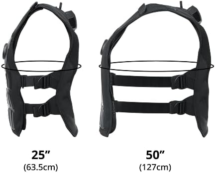 Lato view of the TactSuit Pro vest demonstrating its adjustable waist circumference, ranging from 25 inches (63.5 cm) to 50 inches (127 cm).