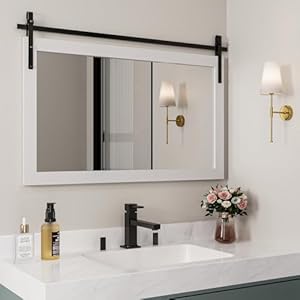 LOVMOR Black Farmhouse Mirror for Wall 40x26INCH Large Wood Framed Square Bathroom Mirrors for Vanity Barn Door Style Mirrors Wall Mounted Dresser Decor Mirror Living Room Bedroom Horizontal