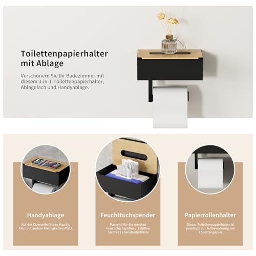 Toilettenpapierhalter mit Feuchttücherbox - Klopapierhalter ohne Bohren Klorollenhalter mit Ablage für WC & Badezimmer, Selbstklebend or Bohren, Edelstahl & Bambus