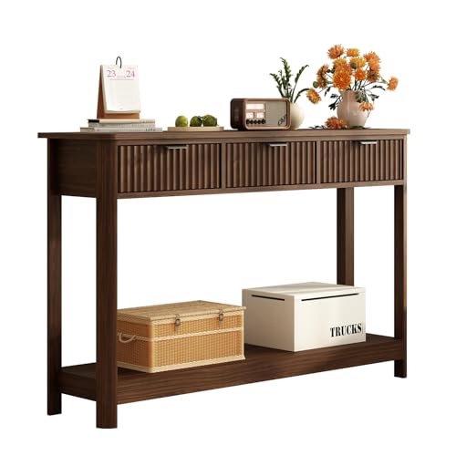 RUSTOWN Fluted Wood Console Table with 3 Drawers, Boho Narrow Behind Couch Entryway...