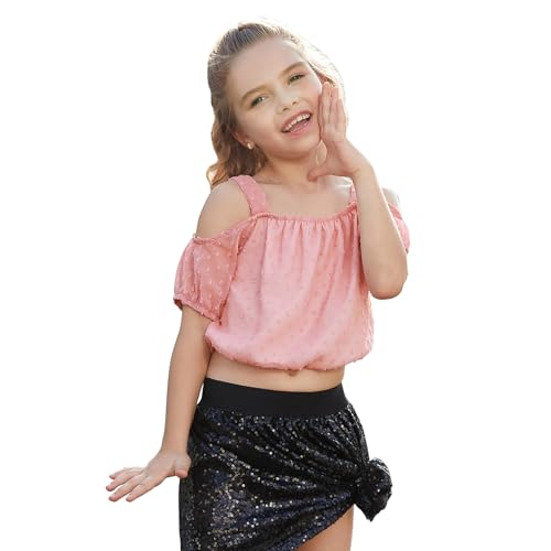 Image of Perfashion Girls Puff Short Sleeve Corp Tops Cold Shoulder Shirts swiss dot chiffon blouse for 4-13 Years