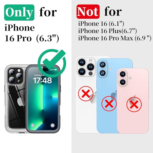 Cozycase TOP Shockproof IP68 Waterproof Case for iPhone 16 Pro Heavy Duty 360 Full Body & Screen Camera Protector Front Back Cover Dustproof Hard 16Pro Tough Protective Case Black/Frosted Clear - Image 2