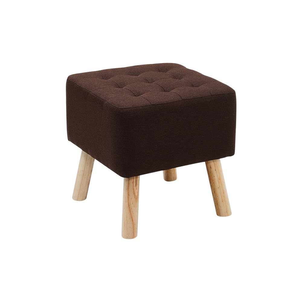 INMOZATA 40 cm Upholstered Footstool Square Linen Stool with Padded Seat Pine Wood Legs Pouffe Stool Change Shoe Footrest for Living Room Bedroom (Brown)