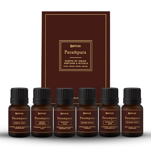 Image of DIFFUZE Essential Oil Set | Parampara Collection - Set of 6 x 15 ml Aroma Oil Gift Box | Premium Fragrance Oil set for Diffuser, Candle Making, Aromatherapy | Long-Lasting Luxury diffuser oil for Home