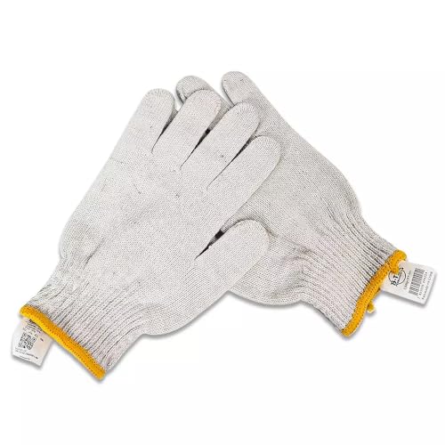 Luva Tricotada de Algodão, Branca com Bolinhas Antiderrapantes, Punho Amarelo