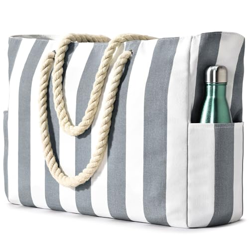 Image of Becokan Women's Pool Swim Bag - Waterproof Sandproof Large Stripe Beach Tote with Zipper