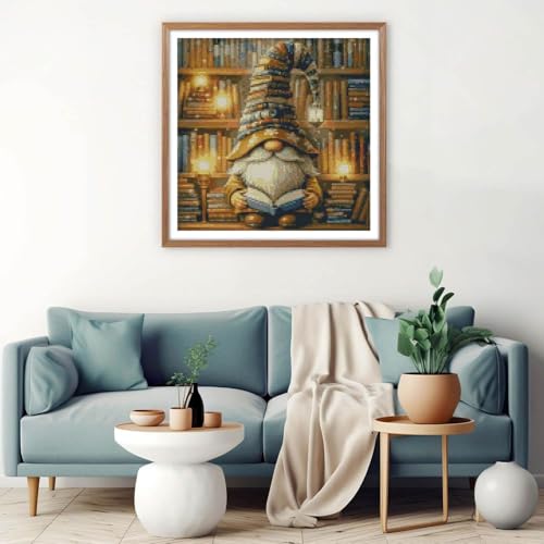 Image of Book Gnome Cross Stitch Kits, Book Gnome Cross Stitch Patterns,Dimensions Cross Stitch Kits Embroidery Kit Arts and Crafts for Beginners 13.7x13.7 inch