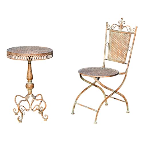 Mesas auxiliares retro para exteriores con silla de jardín, mesa redonda resistente a la intemperie, mesa auxiliar de metal con recortes de flores para patio, balcón y jardín