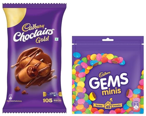 Image of Cadbury Choclairs Gold (605g /577.5g grammage may vary) & Cadbury Gems Chocolate Home Treats Pack, 142.2 g