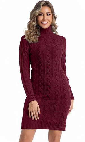 Avancel Damen Rollkragen Kleid Zopfmuster Basic Kleid Herbst Winter Warm Strickkleid Elegant Kleider Weinrot S