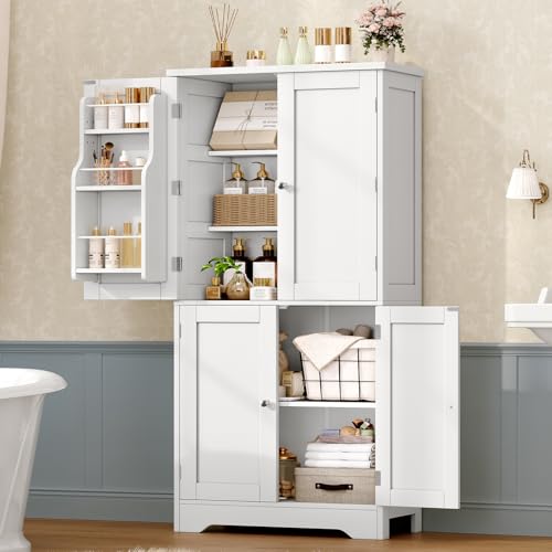 Image of TEENFON 51 inch H Pantry Cabinet with 4 Doors, Kitchen Cabinet with 6 Door Shelves, Storage Cabinet for Living Room, Dining Room, Bathroom, White