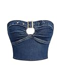 SHENHE Women's Strapless Cut Out Ruched Buckle Belted Crop Denim Tube Top Y2k Jean Top