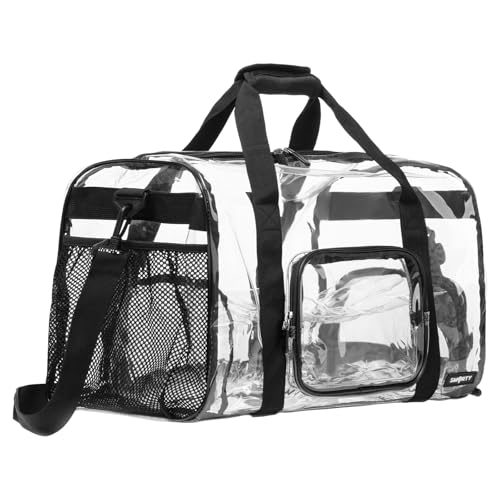 Large Heavy Duty Clear Duffel Bag with Shoes Compartment Stadium Approved Clear Gym Bag with Adjustable Strap Clear Tote Handbag Durable Crossbody for Football Basketball Baseball Golf Events Black