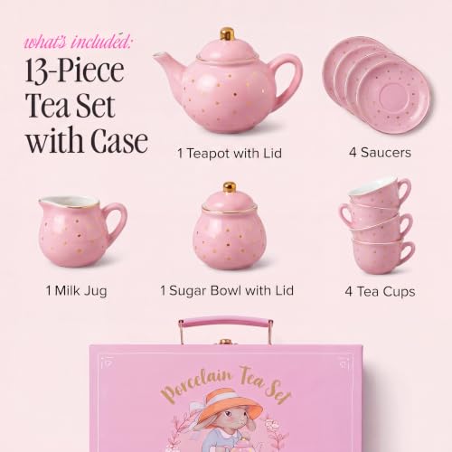 Image of Giggle & Honey Tea Party Set for Little Girls, Pink Gold Polka Dot Porcelain Kids Tea Set with Carry Case, Teapot Cups & Saucers, Princess Pretend Play Birthday Gift for Girls Ages 3, 4, 5, 6, 7, 8