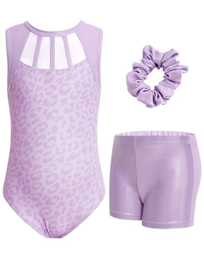 JiAmy Maillot Gimnasia Ritmica para Niña, Diseño único sin mangas Maillot Disfraz Gimnasta Incluyendo Hairband Pantalones cortos Maillot Ballet Niña 9-10 años