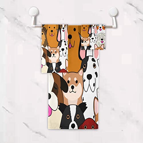 Cute Doodle Dog Print Animal Bath Towel Set Luxury Decorative Set Of 3, 1 Bath Towel 1 Hand Towel 1 Washcloth Soft Multipurpose For For Bathroom Hotel #TOP4