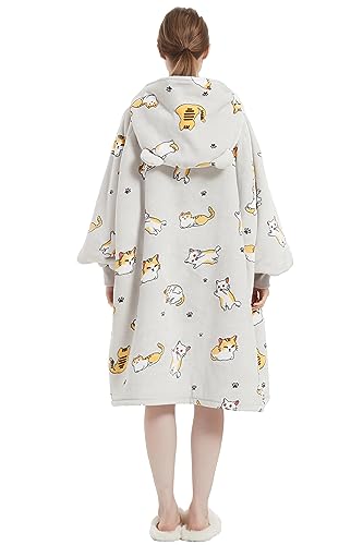 VERTAST Übergroße Hoodie Decken Sweatshirt, Super Warmer Dicke Sherpa Deckenpullover Blanket Hoodie Kuschelpullover für Damen Herren, Graue Katze