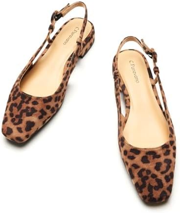 C.Paravano Slingback Flats | Women's Slingback Shoes | Low Heels | Square Toe Flat | Sandals Women | Block Heel Slingback Sandals(Size 8,Leopard)