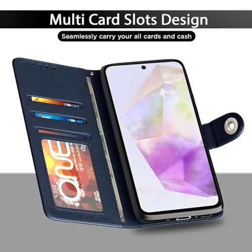 Image of Pikkme Flip Cover Leather Finish | Inside TPU with Card Pockets | Wallet Stand and Shock Proof | Complete Protection Button Flip Case for Samsung Galaxy A56 5G(Blue)