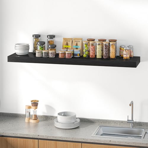 Image of Dreamland 55 inch Floating Shelves for Wall, 12 inch Deep Thicker Black Floating Shelves, Wall-Mounted Shelves for Bedroom, Living Room, Kitchen, Bathroom - Set of 1