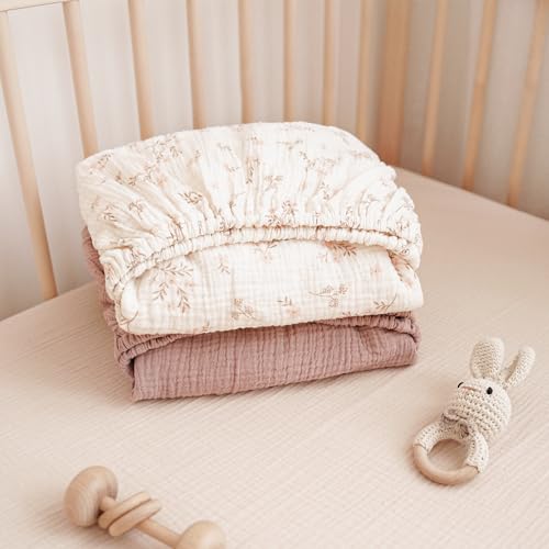 Image of Konssy Muslin Crib Sheets for Boys, Soft Cotton Neutral Baby Sheets for Standard Crib Mattress 2 Pack, 52 inchx28 inch (Soft Blooms,Taupe)