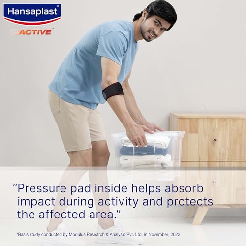 Hansaplast Active Tennis Elbow Support for Men & Women | 1 Unit | One Size Fits Most | Elbow Brace with visible Pressure Pad for Long Lasting Pain Relief | Skin Friendly Elbow Band/Guard with Adjustable Strap for Custom Fit | Tennis, Badminton, Cricket, Gym, Workout 8 41R08U dfL