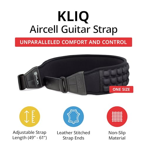 KLIQ AirCell Guitar Strap, Long, for Bass & Electric Guitar with 3" Wide Neoprene Pad and Adjustable Length from 49" to 61"(Long), Black