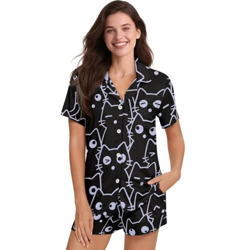 Image of Women's Short Sleeve Sleepwear Button 2 Piece Plus Size Pajamas Casual Soft Stretchy Funny Nightwear with Pockets