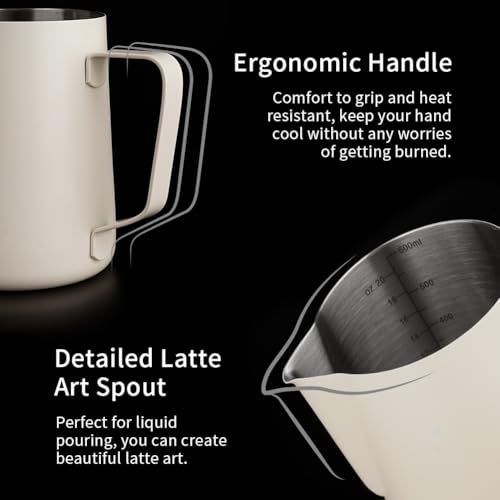 Image of watchget 20oz Milk Frothing Pitcher Stainless Steel Espresso Steaming Jug | Internal Scale, Milk Coffee Cappuccino Latte Art Barista Steam Pitchers,Barista Coffee Bar Accessories, 600ml, Creamy White