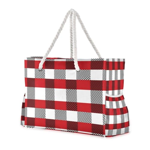 Beach Bag - Large Tote Bags for Women Red Black White Plaid Checkered Shoulder Bags Zipper Waterproof Sandproof for Travel Gym Swim Daily