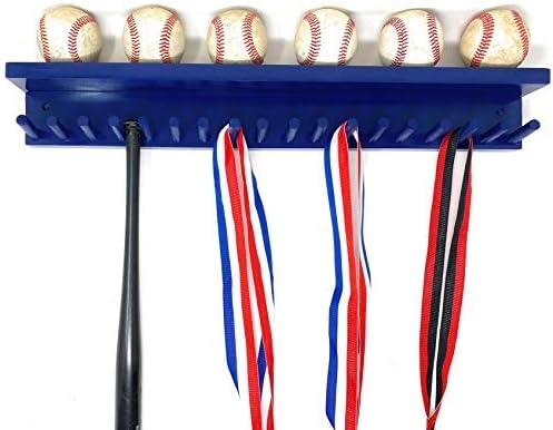 Award Medal Ribbons Display Rack and Trophy Wall Shelf 18 Medals Ball Holder Baseball Mini Bats 6 Baseball (Navy Blue)