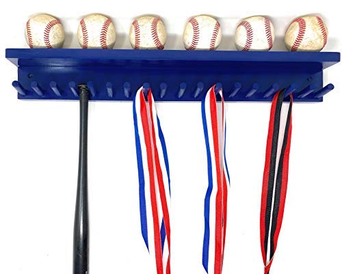 Award Medal Ribbons Display Rack and Trophy Wall Shelf 18 Medals Ball Holder Baseball Mini Bats 6 Baseball (Navy Blue)