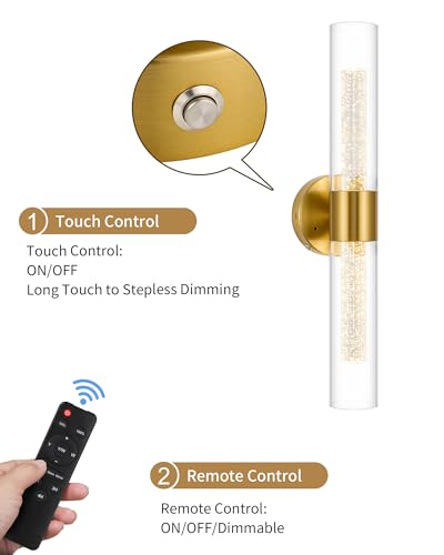 Easy Install Battery Operated Wall Sconce, Rechargeable Wireless Wall Sconces Set of Two 10000mAh 3000K/4500K/6000K Timer Function Battery Operated Wall Light with Remote Control for Living Room Gold