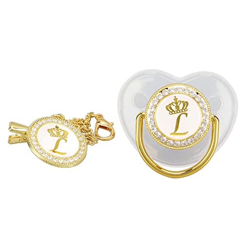 Pacifier Clips Baby Girl, 26 Letter Rhinestone Baby Pacifier with Name Initial Letter, Curved Bling Pacifier for Girl, Newborn Baby Girl Pacifiers Clips, Baby Shower Birthday Gifts (L)