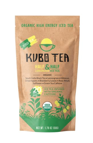 Kubo Tea, Organic High Energy Ice Tea, High Caffeine Blend, 20 Servings (155mg Caffeine each), Pillow Tea Bags, Kraft Packaging, Healthy Coffee Substitute (Half & Half Lemonade)