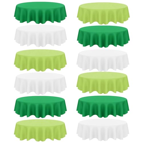 CIEOVO 12 Pcs St Patrick’s Day Plastic Tablecloths, Disposable Round White Green Table Cover 84 Inch Waterproof Table Covers for St Patty's Day Party Irish Holiday Birthday Party Decorations