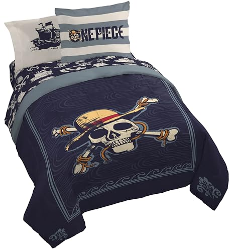 Jay Franco One Piece Queen Size Comforter Set - 7 Piece Blue Bedding Includes Sheet Set & Pillow Covers - Super Soft Anime Bedding with Skull and Bones
