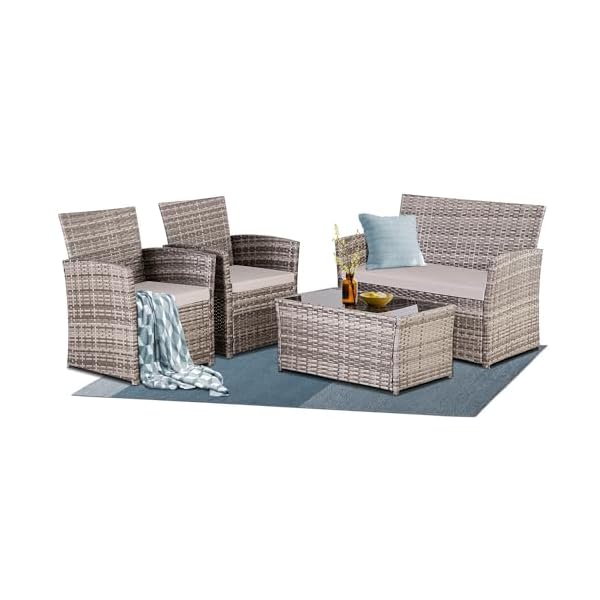 4 Piece Patio Furniture Set,Outdoor Wicker Conversation Sets,Rattan Sectional Sofa w/Coffee Table,Seat Cushions for Backyard Porch Garden Poolside (Gray/Gray)