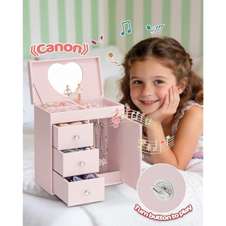 Vlando Musical Jewelry Box for Girls - Valentines Day Gift for Kid - Large Kid Music Box with Ballerina for Birthday Bedroom Decor, 4 Layer Girl Jewelry Gifts for Girls Kids - Light Pink