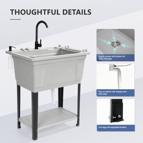 Image of VINGLI Freestanding Utility Sink with Faucet, 36 inch Heightened Basin for Laundry, Garage, Outdoor Garden, Pet Wash, Heavy Duty Plastic Laundry Tub with Storage Shelf (Gray, 32 inchLx24 inchWx36 inchH)