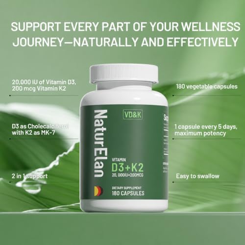 Image of NaturElan Vitamin D3 K2-20,000 IU D3 + 200mcg K2(MK-7), 180 Capsules | Supports Bone, Immune, Heart & Teeth Health, Non-GMO,Vegan, Third-Party Tested, Gluten Free, K2 D3 Vitamin for Men & Women