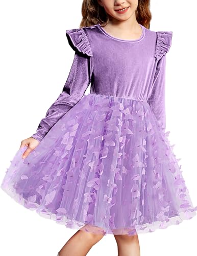 Arshiner Vestido de Terciopelo para Niña Morado Mariposas Vestido de Tul de Manga Larga para Cumpleaños Boda 2-3 Años