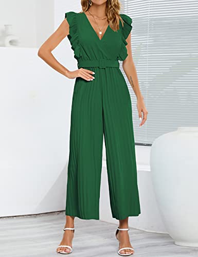 Yuanlar Women's V Neck Sleeveless Ruffles Jumpsuit Slim Fit Pleated Wide Leg Outfits Rompers (Dark Green, Xx-Large) #TOP1