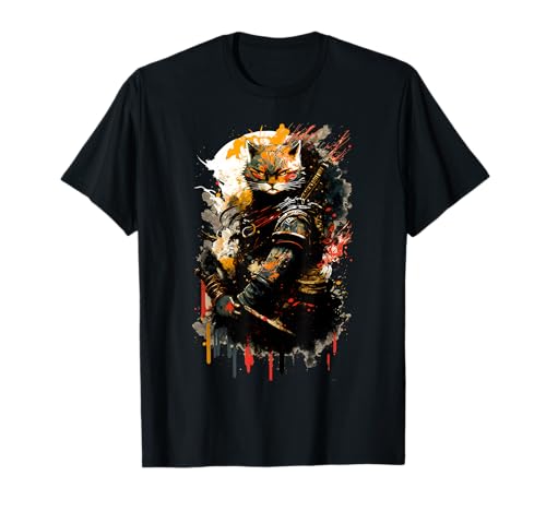 Gato como un samurái en uniforme retrato pintura Samurai gato Camiseta