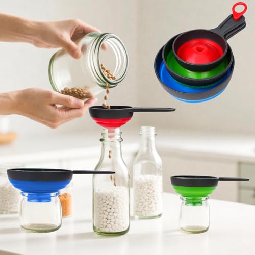 Silicone Collapsible Non-Toxic Funnel Set, Large, Medium, Small Multicolored Food Grade Funnels (3 Pcs Blue, Green, Red)