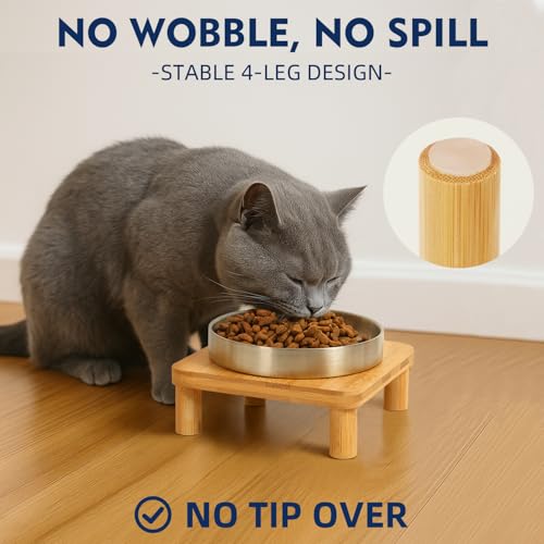 DoogCat Elevated Cat Bowls for Indoor Cats – Raised Bamboo Cat Bowl Stand with 5.5 Inch Wide Stainless Steel Dishes, Pet Food Table Plate for Easy Feeding, Whisker Friendly(Silver,Set of 2) by DoogCat - Image 2