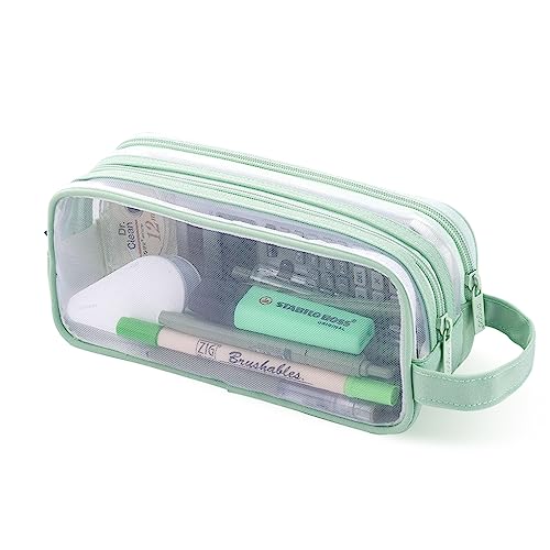 Image of Oyachic 2 Compartment Pencil Case Clear Mesh Pen Pouch Grid Makeup Cosmetics Bag Transparent Marker Organizer Office Business Travel Adults,green