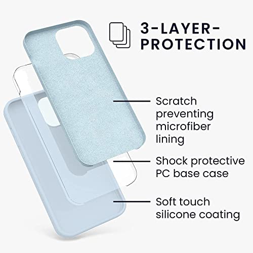 Image of Elzzi Microfiber Logo Cut Cover Compatible for iPhone 13 Pro Max Case Smooth Cushion Liquid Soft Silicone Gel Rubber Phone Non-Slip Full Body Protective Shockproof Back Cover 6.7 inch, Sierra Blue